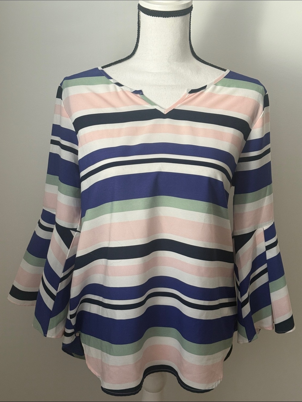 Van Heusen Striped V‑Neck Bell Sleeve Top in Navy, Pink, Green & White